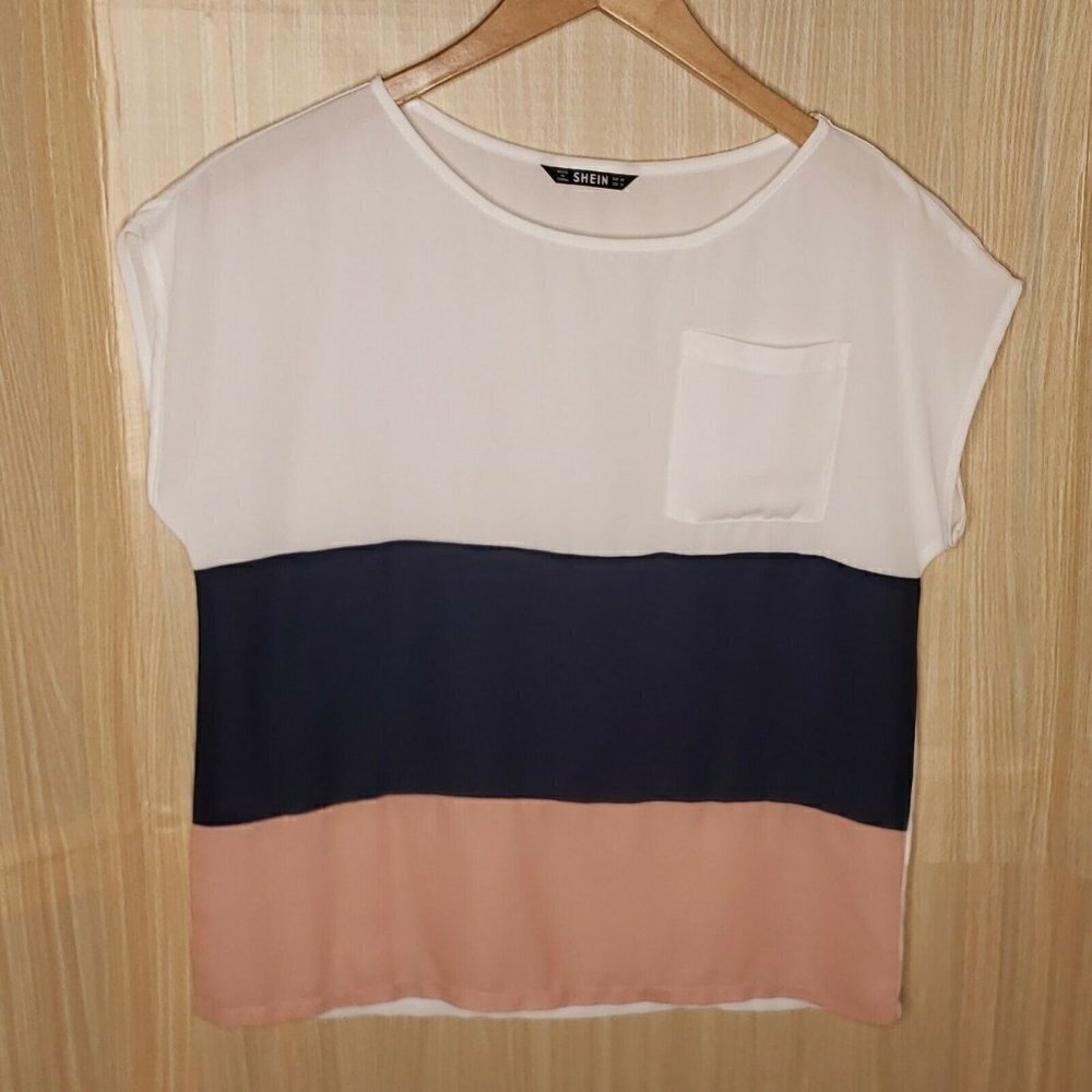 Shein Womens Short Sleeve Color Blocked Blouse Med